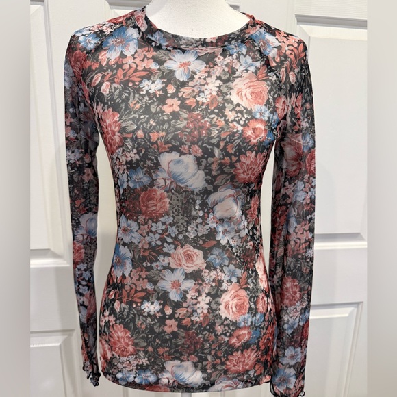 Dealmore Floral Mesh Sheer Long Sleeve Top Y2K Layering Shirt Size S - Picture 3 of 9